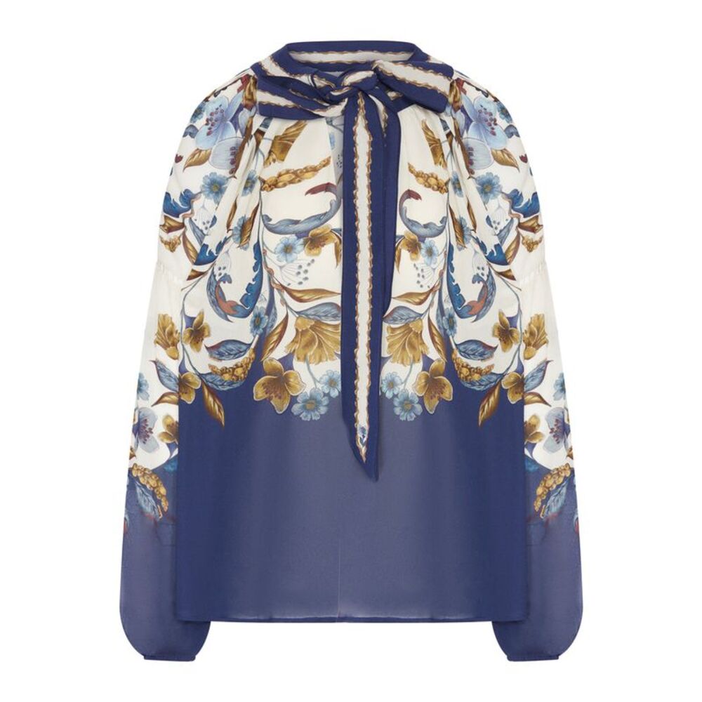 Farm Rio Women Printed Blouse With A Bow At The Neck